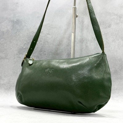 IL BISONTE Green Pebbled Leather One Shoulder Bag with Pouch Vintage Italy Damen