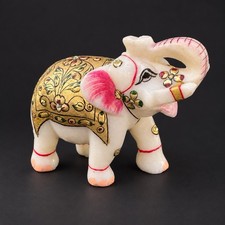 Vintage White Marble Elephant Figurine Hand Painted Gold Leaf Trunk Up 6" India