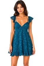 Betsey Johnson Size Small Teal Floral Ruffle Hem Chiffon Mini Dress Flutter Slee