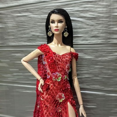 Red Flower Beaded Dress, Custom Handmade, Fits FR Poppy Parker Barbie Nu Face