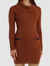 BCX Women's Brown Ribbed Faux Leather Bodycon Sweater Dress Juniors' Size L