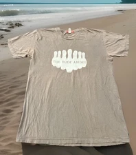 Rare Big Lebowski ‘The Dude Abides’ Bowling Pins Graphic Large Shirt Brown Vtg.