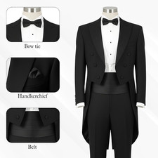 Black Satin Cummerbund Pre Tied Bow Tie Breast Pocket Handkerchief Set for Me...