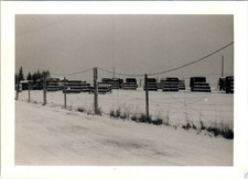 Vintage 1950s Black  White Snowy US Military Lot Trucks Photo
