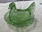 Vintage Hen on Nest Chicken Green Depression Style Glass Dish