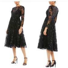 Mac Duggal A-Line Midi Dress black sequin embellished size 2 C6