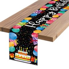 Black Happy Birthday Table Runner, Colorful Balloon Kitchen Dining Table