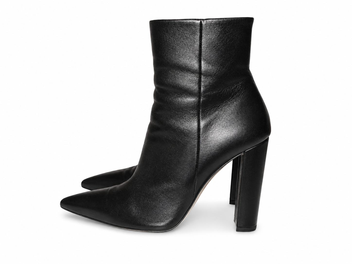 Black leather Gianvito Rossi ankle boot with pointed toe, 40.5 US 10.5 Italy, on white background.