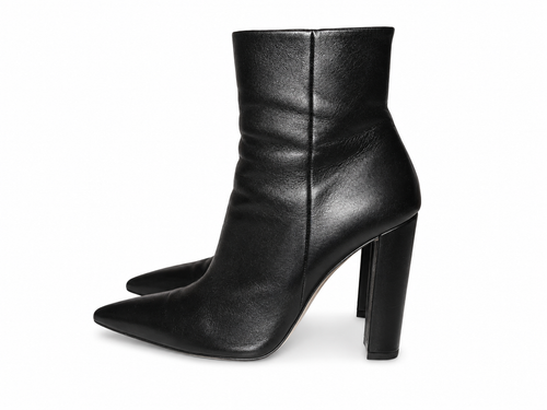 Black leather Gianvito Rossi ankle boot with pointed toe, 40.5 US 10.5 Italy, on white background.