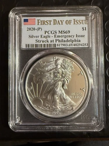 2020 Silver Eagle - P Mark - Flag Label - PCGS 69 1st