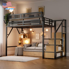 Full Size Loft Bed with Stairs & Storage Metal Frame with Bedside Shelf USA ONLY