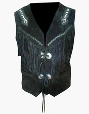 Men Native Suede Cowboy Style Leather Vest Beaded with Fringes