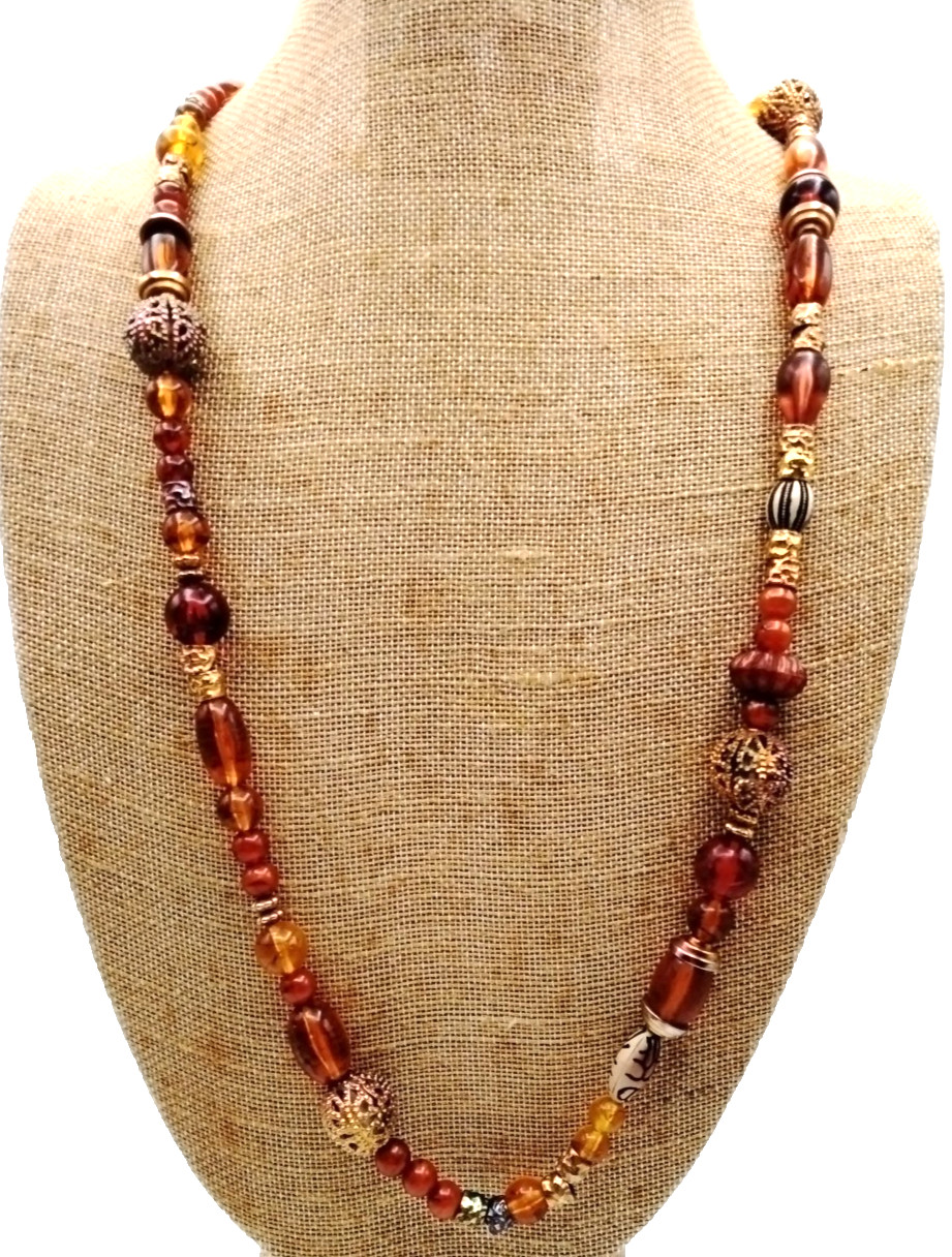 Express Beaded Statement Necklace Orange Amber Go… - image 4