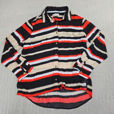 Michael Kors Top Blouse Shirt Womens Large Orange Black Stripe Button Up Down