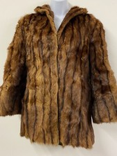 Vintage Real Fur Coat Size 12 Brown Stripe 1940s Jacket Retro Glamorous Pockets