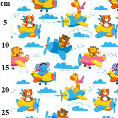 Polycotton Stoff Tiere in Flugzeugen Wolken Kinderzimmer Bär Tiger
