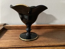 Vintage Black Glass Compote With Painted Enamel  Daisies