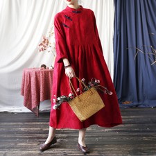 Retro Loose Cotton Linen Jacquard Dress Standing Collar Button Women Ethnic