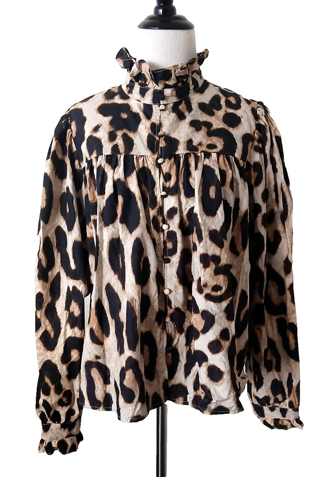 Blusa H&M Estampado Animal Negra/Bronceada Volantes Cuello Simulado Manga Larga Abotonada Mujeres M Foto 2 de 4