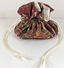 Jewelry Bag Travel Burgundy Green Floral Print Ivory Lining 8 Pockets Drawstring