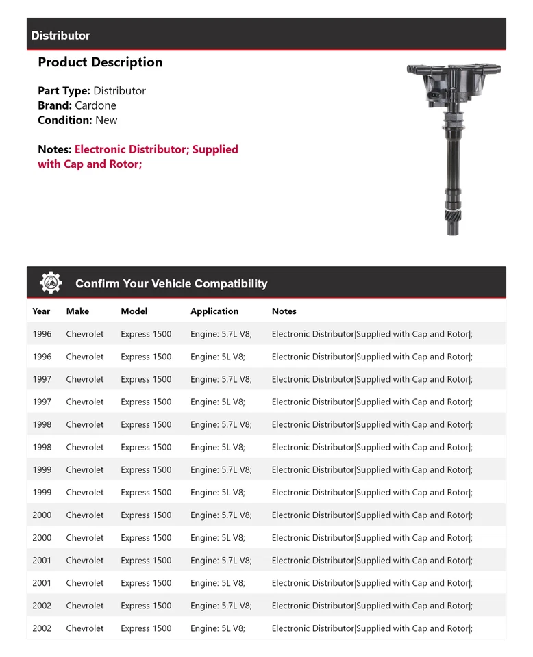 Chevrolet Express 1500 1996-2002 distribuidor Cardone 1997 1998 1999 2000 Foto 2 de 4
