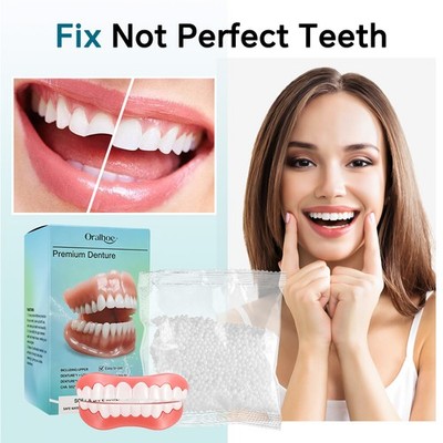 False Teeth Set Full Dentures,Adjustable Silicone Dentures to Fit Over Existing