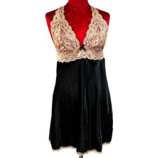 Victoria's Secret nightie black satin  nude lace baby doll racerback stretch M