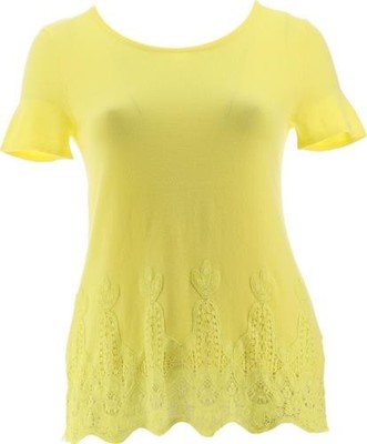 Nina Leonard Scoop Neck Sweater Tunic with Lace Trim (LEMON ZEST, XS) 778951