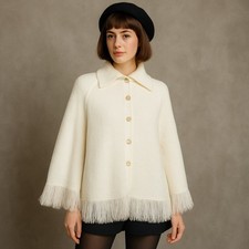 Vintage 60s White Fringe Acrylic Knit Cape Poncho Button Up Mod Retro Shawl