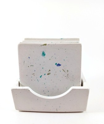 Coaster Set of 5 With Caddy Square 3.5'' Wide White Speckle Cork Bottom Handmade