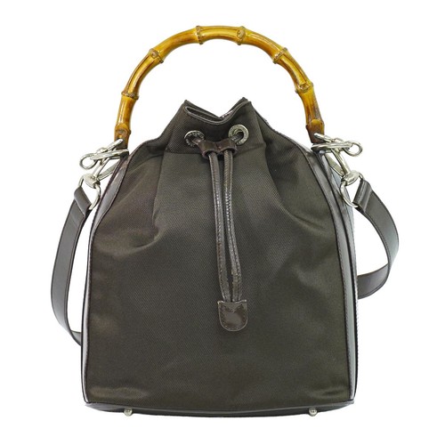 Authentic Gucci Bamboo Drawstring 2Way Shoulder Bag Handbag Canvas Leather Brown