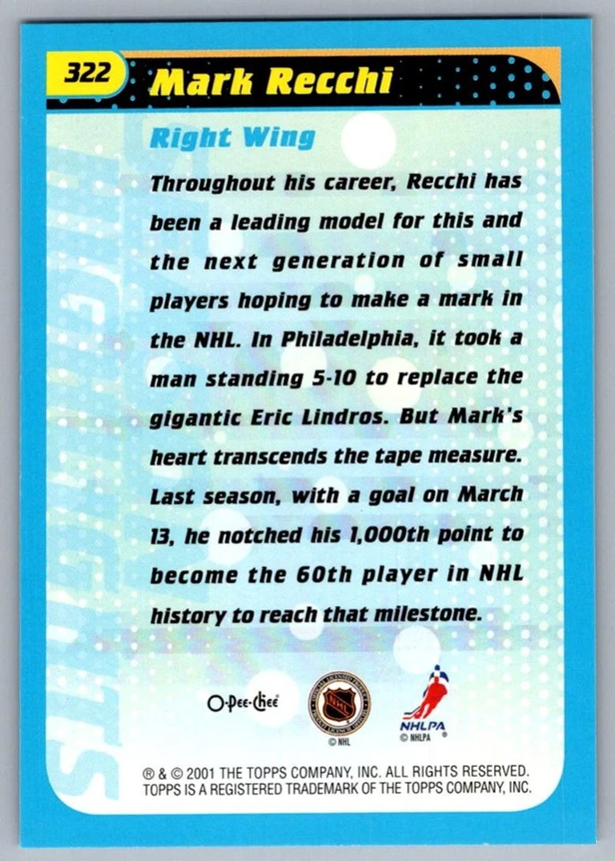 2001-02 Topps O-Pee-Chee Mark Recchi Philadelphia Flyers #322 - Image 2 of 2