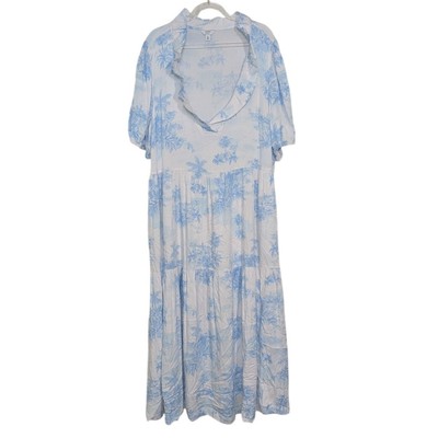 Crown & Ivy Floral Midi Dress Womens Size XL Blue Stretch Ruffle V Neck Tiered