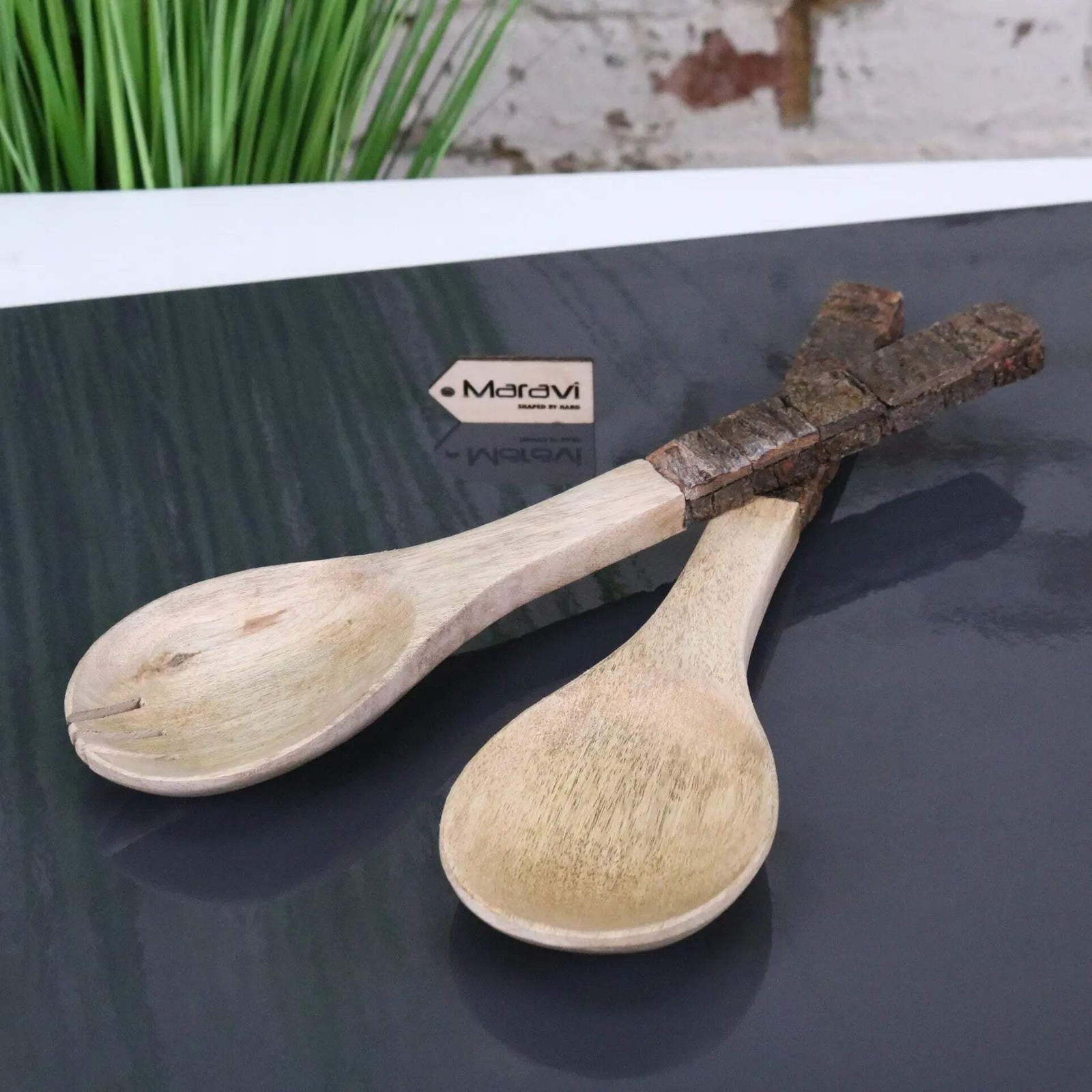 Bhimra Wooden Salad Servers Bark Handle Gift Rustic Natural Kitchen Dining