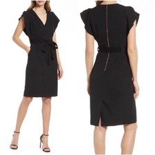 Eliza J Ruffle Sleeve Sheath Dress Women's 6 Black Crepe LBD Classic Career