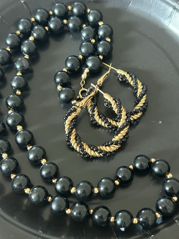 Vintage Costume Jewelry Set Black And Gold Earrings And Necklace