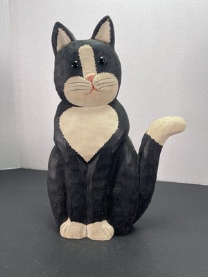 Carolyn Davies Hand Carved Wooden Cat Hand Painted Black/White Cat Glass Eyes