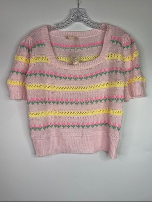 Hem & Thread Pastel Pink Floral Short Sleeve Cropped Sweater Large NWT
