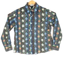 Vtg KMart Button Front Shirt Mens L 38 Long Sleeve Polka Dot Floral Blue White