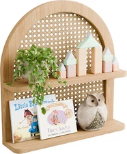 Rattan Wall Shelf Boho Nursery Decor, 2-Tier Arched Woven Natural Wood Wicker Wa