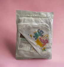 Vintage 1986 Curity White Hooded Baby Bath Towel Pink Blue Bears 30x36 NOS USA