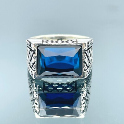 Mens Silver Handmade 925 Sterling Silver Blue Stone Ring