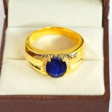 Blue Sapphire Oval Cut With 925 Sterling Silver Gold Plated Ring For Men #B585