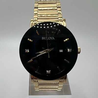 Bulova Mens Watch Date Gold Tone Case Band Black Dial Quartz