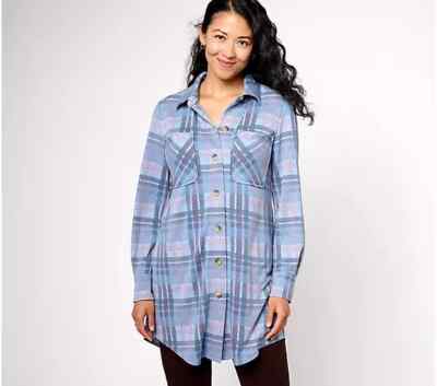 Susan Graver Weekend Regular Printe Jersey Button Duster Washed Indigo M A623479