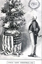 Christmas w UNCLE SAM 1902 AMERICAN CHRISTMAS TREE FLAG MONEY BAGS Matted Print