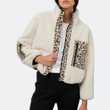 Rails New Dean Oversized Full Zip Sherpa Fleece Jacket Cream Leopard Print Xl