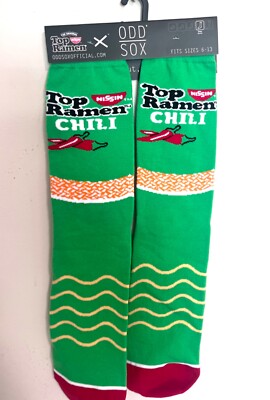 ODD SOX Mens Shoe Size 6-13 Top Ramen Spicy Crew Socks Poly Blend Green Silly