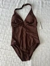 Speedo Brown Halter V-Neck One Piece Moderate Cut Swimsuit NWT