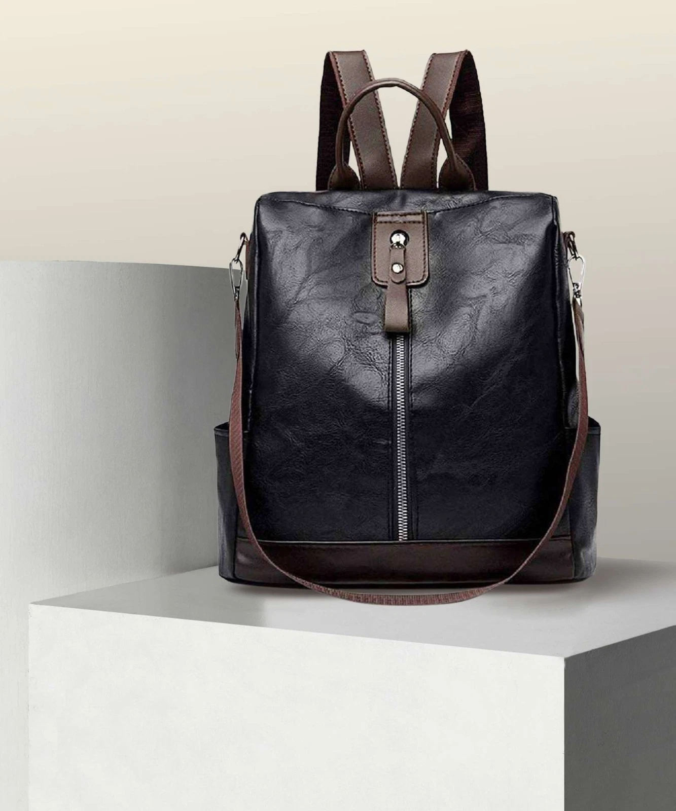 Stylish Leather Backpack – Black & Brown Multi-Use Shoulder Bag ( BLACK)